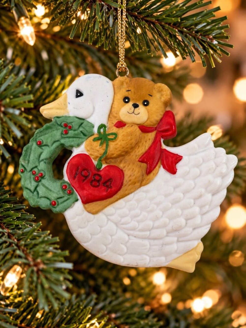 Vintage 1984 Enesco Goose & Bear Christmas Ornament W/ Wreath & Heart Holiday